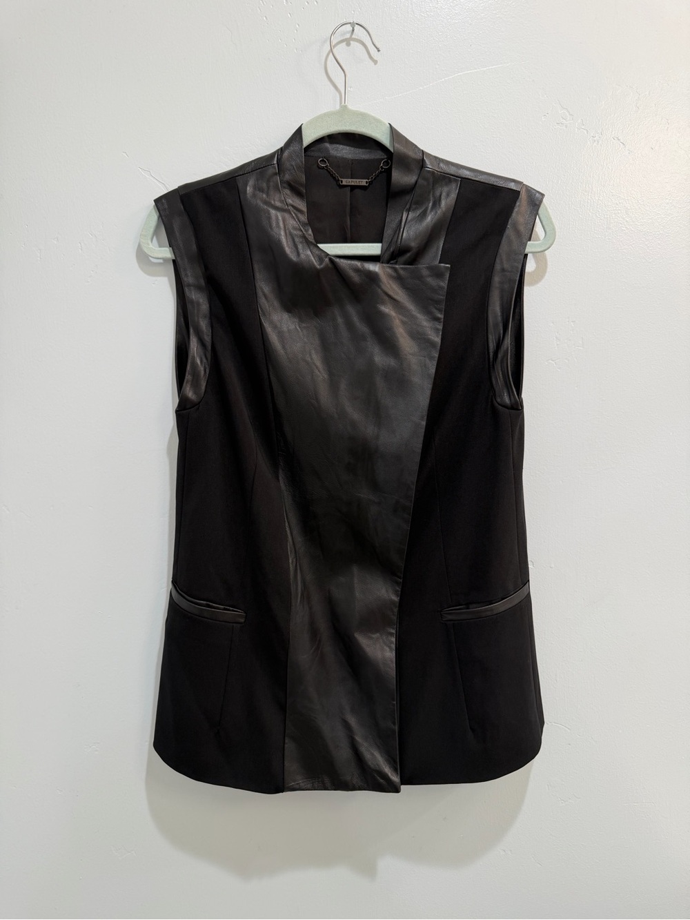 CAPULET Black Leather Mixed Media Moto Vest Jacket Women’s XS Biker Asymmetric - Picture 14 of 15
